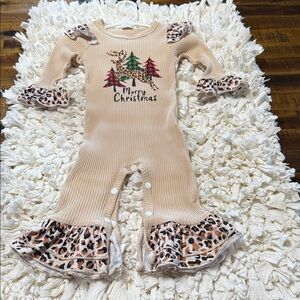 Look Adorable Beige Christmas Baby Romper with Leopard Accents 6-9 months